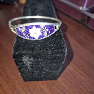 Purple Floral Enamel Bangle Bracelet with Silver-Tone Accents